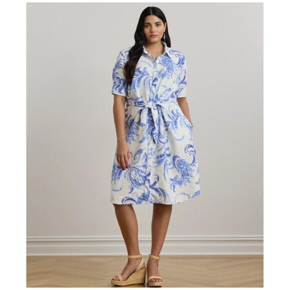 Lauren Ralph Lauren Plus Size Paisley Tie-Front Linen Shirtdress 22W. FLAW READ!